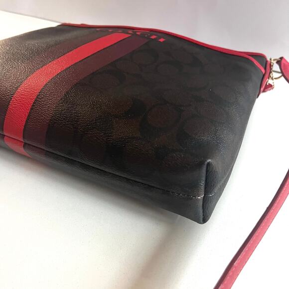 COACH Signature Leather Racing Stripe, Brown and Red, AUTHENTIC Crossbody - Picture 12 of 16